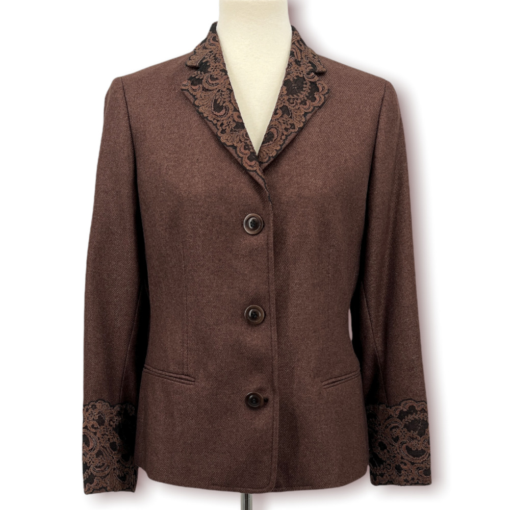 OGGI Vintage Brown Lace Detail Long Sleeve Button Down Blazer Size 10
